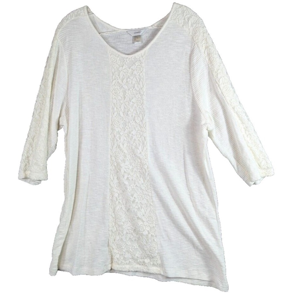 CJ Banks Embroidered 3/4 Sleeve tops Women's Sz 1X White Minimalist Popover Boho